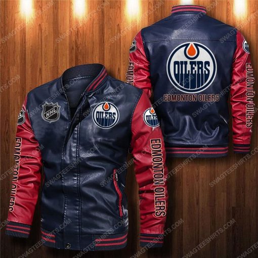 Edmonton oilers all over print leather bomber jacket - red