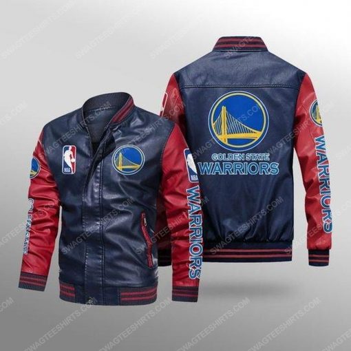 Golden state warriors all over print leather bomber jacket - red