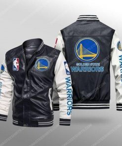 Golden state warriors all over print leather bomber jacket - white