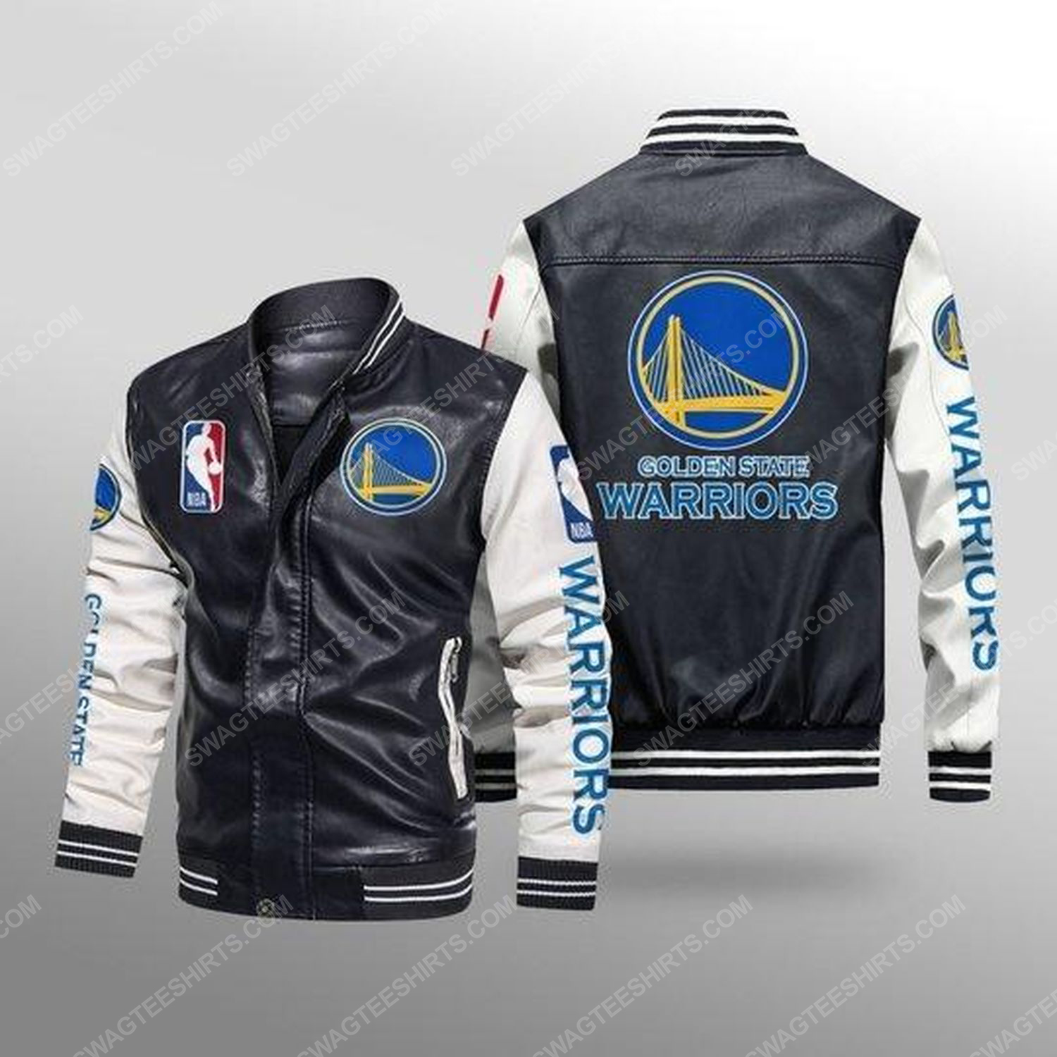 Golden state warriors all over print leather bomber jacket - white