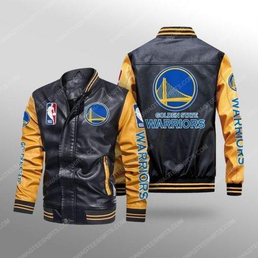Golden state warriors all over print leather bomber jacket - yellow