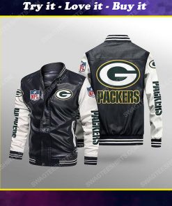 Green bay packers all over print leather bomber jacket