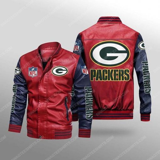 Green bay packers all over print leather bomber jacket - black
