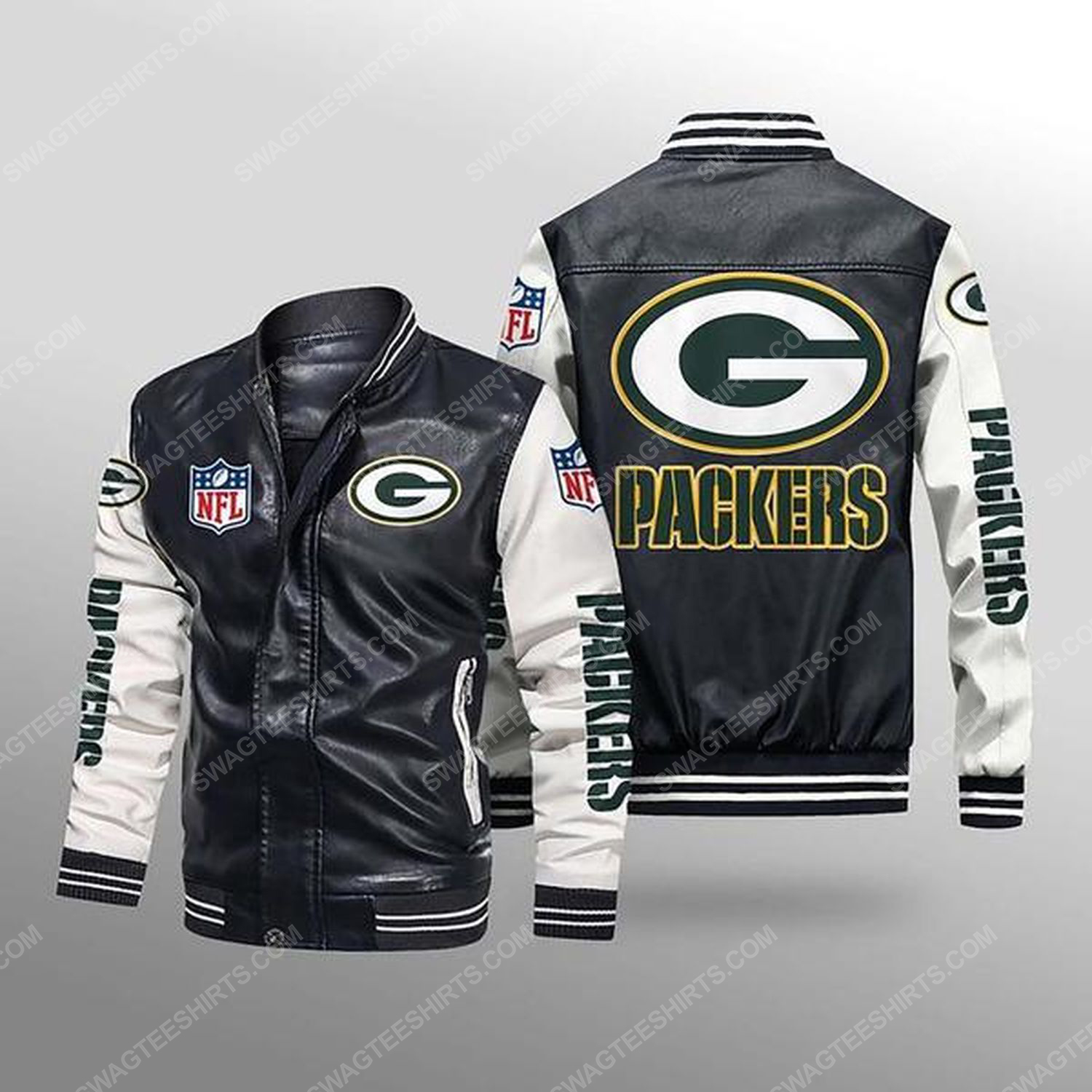 Green bay packers all over print leather bomber jacket - white