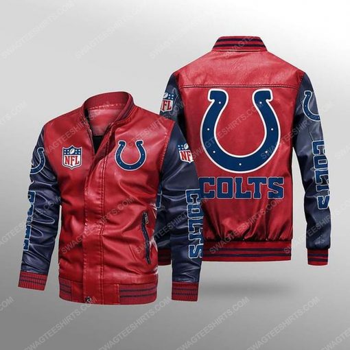 Indianapolis colts all over print leather bomber jacket - black