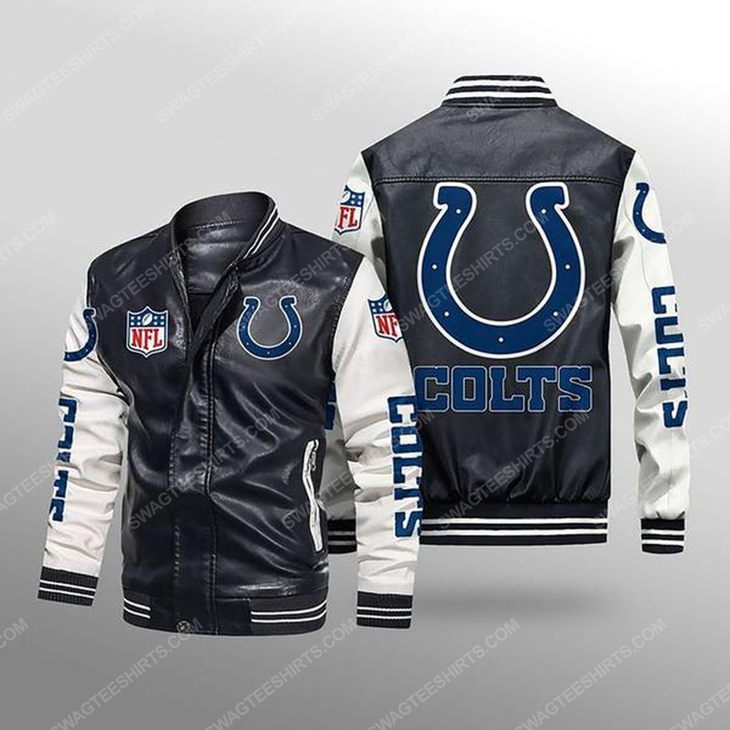 Indianapolis colts all over print leather bomber jacket - white