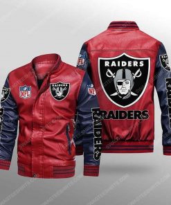 Las vegas raiders all over print leather bomber jacket - black