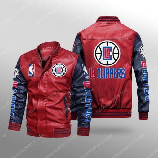 Los angeles clippers all over print leather bomber jacket - black