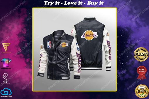Los angeles lakers all over print leather bomber jacket