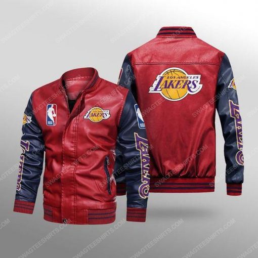 Los angeles lakers all over print leather bomber jacket - black