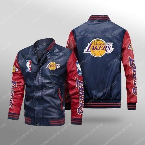 Los angeles lakers all over print leather bomber jacket - red