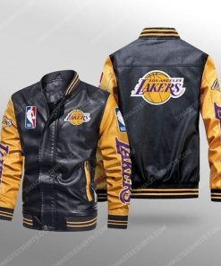 Los angeles lakers all over print leather bomber jacket - yellow