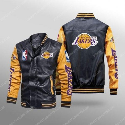 Los angeles lakers all over print leather bomber jacket - yellow