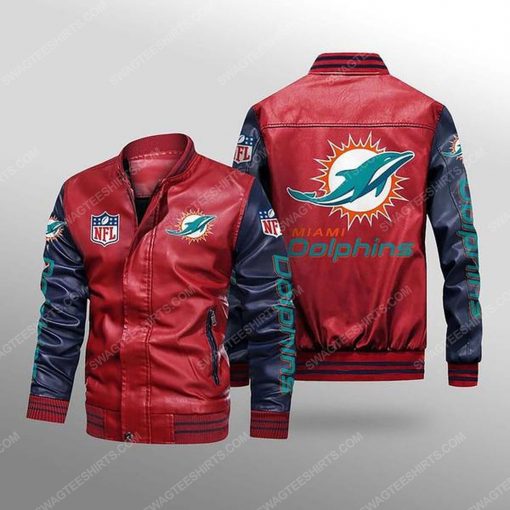 Miami dolphins all over print leather bomber jacket - black