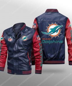 Miami dolphins all over print leather bomber jacket - red