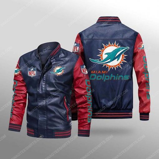 Miami dolphins all over print leather bomber jacket - red