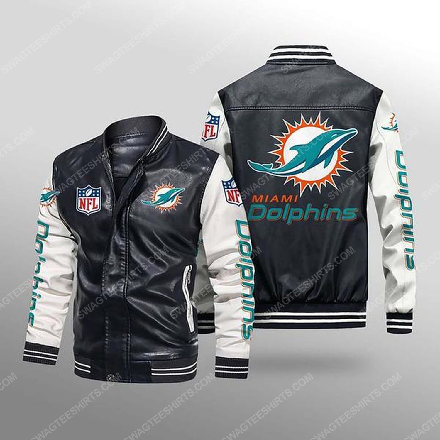 Miami dolphins all over print leather bomber jacket - white