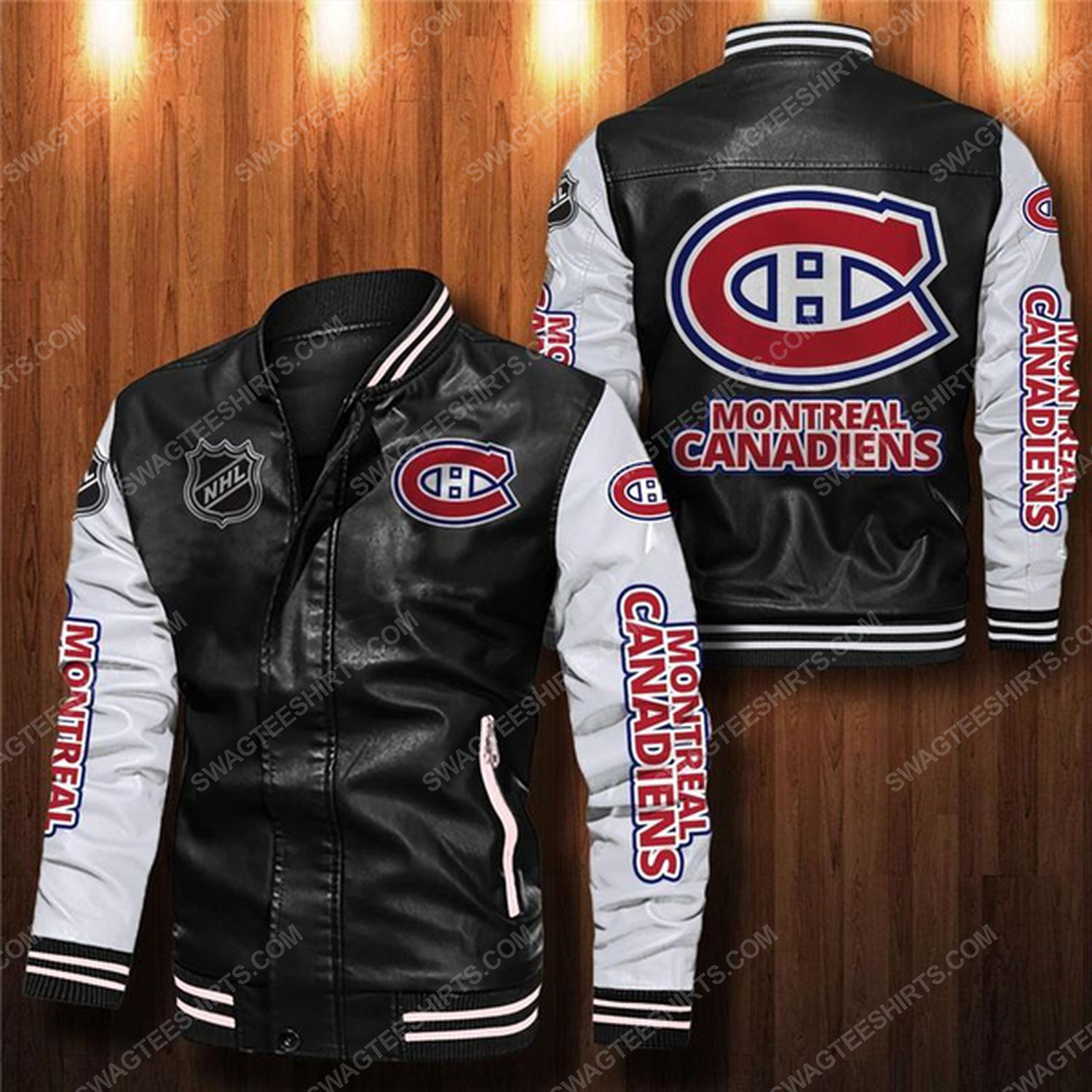 Montreal canadiens all over print leather bomber jacket - white