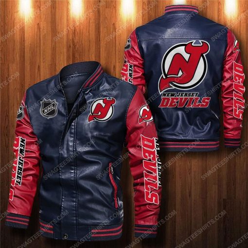 New jersey devils all over print leather bomber jacket - red