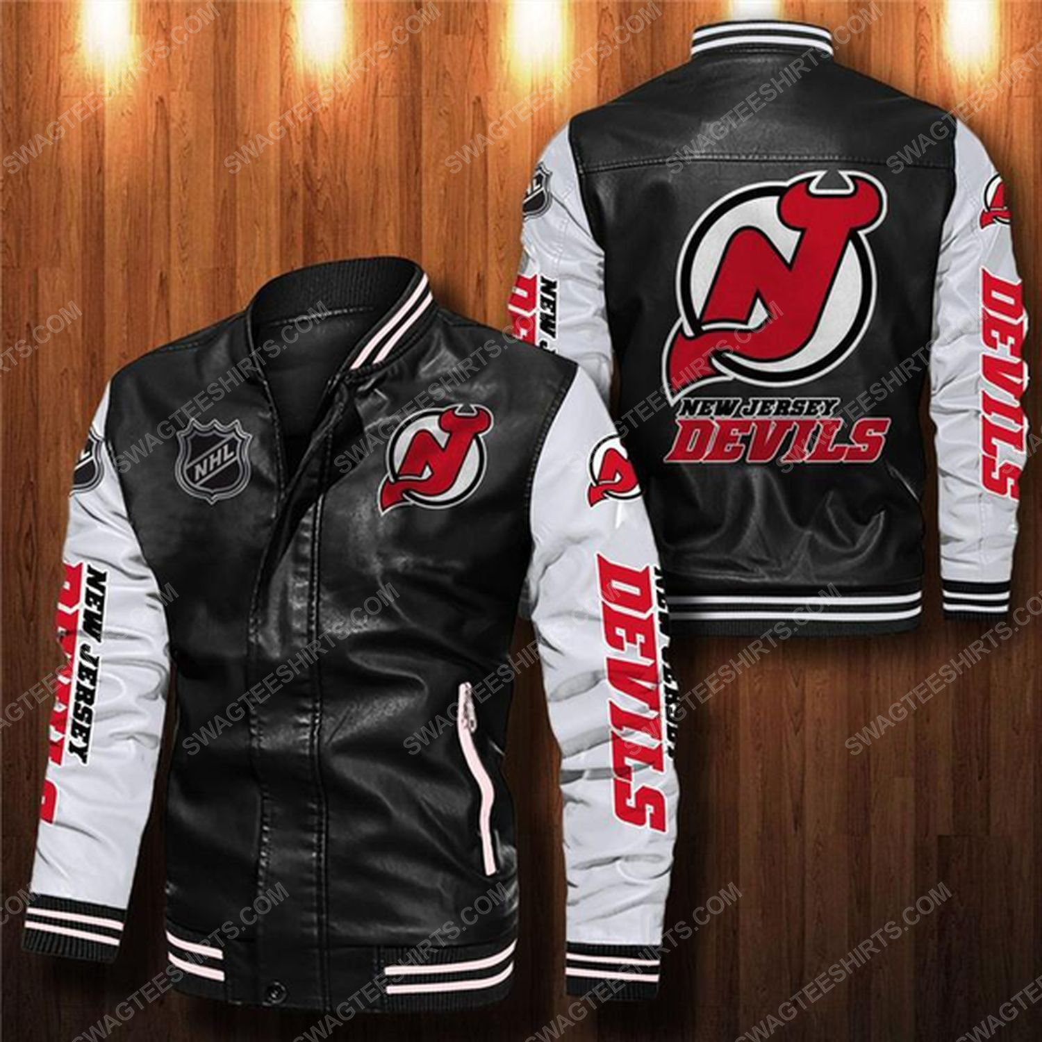 New jersey devils all over print leather bomber jacket - white