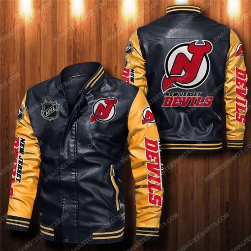 New jersey devils all over print leather bomber jacket - yellow