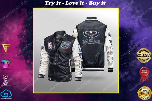 New orleans pelicans all over print leather bomber jacket