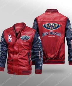 New orleans pelicans all over print leather bomber jacket - black
