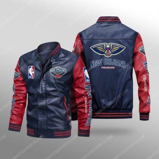 New orleans pelicans all over print leather bomber jacket - red