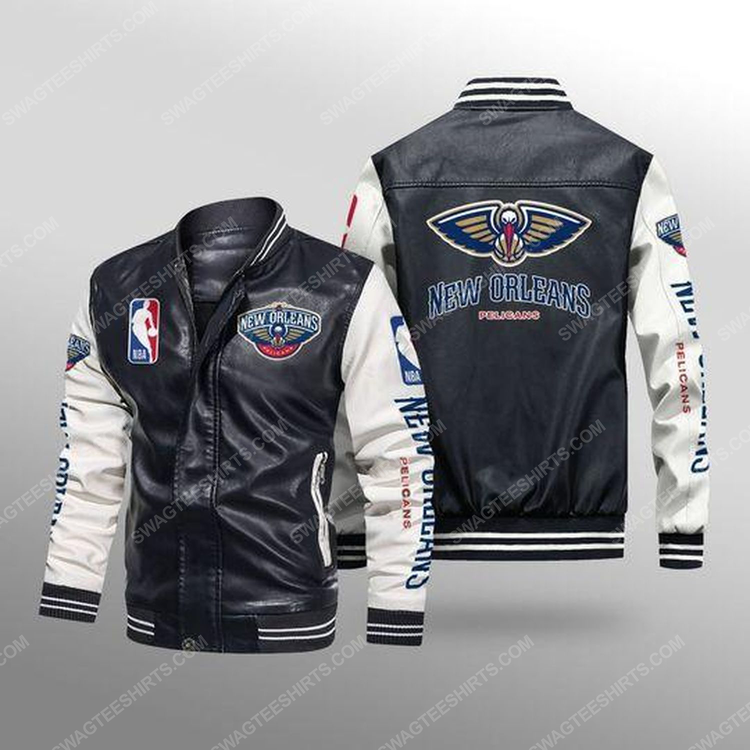 New orleans pelicans all over print leather bomber jacket - white