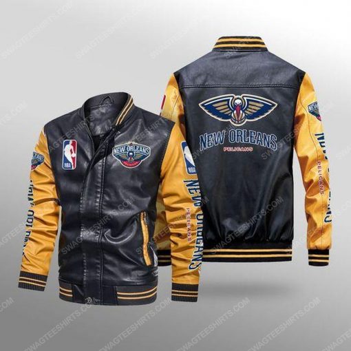 New orleans pelicans all over print leather bomber jacket - yellow