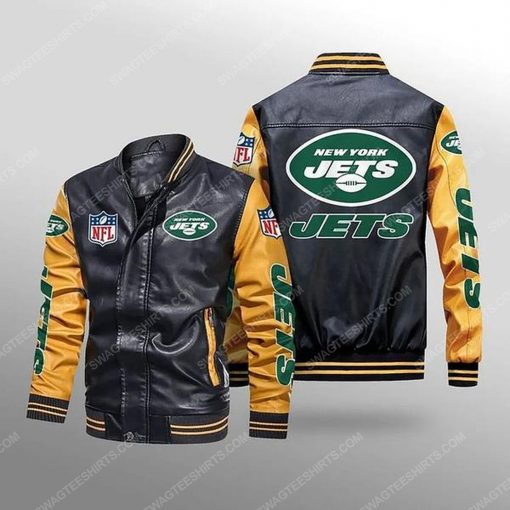 New york jets all over print leather bomber jacket - yellow