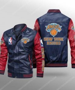 New york knicks all over print leather bomber jacket - red