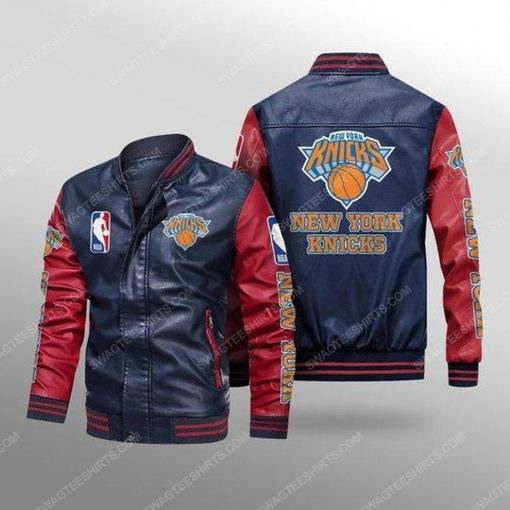 New york knicks all over print leather bomber jacket - red