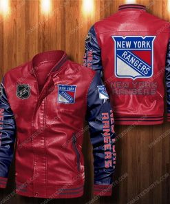 New york rangers all over print leather bomber jacket - black