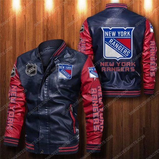 New york rangers all over print leather bomber jacket - red
