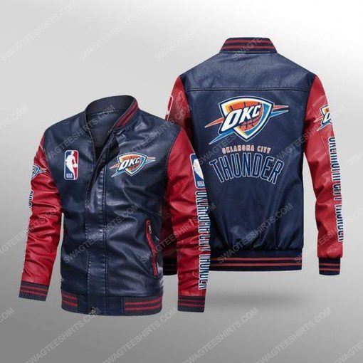 Oklahoma city thunder all over print leather bomber jacket - red