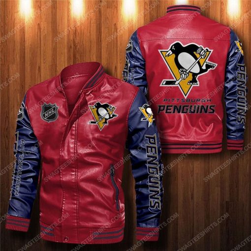 Pittsburgh penguins all over print leather bomber jacket - black