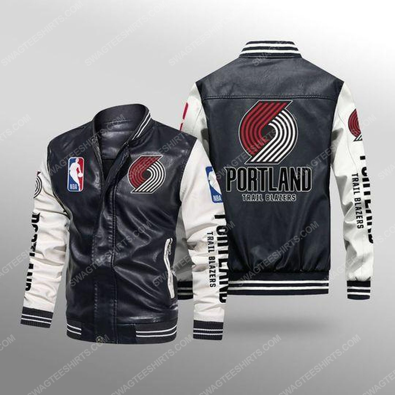 Portland trail blazers all over print leather bomber jacket - white