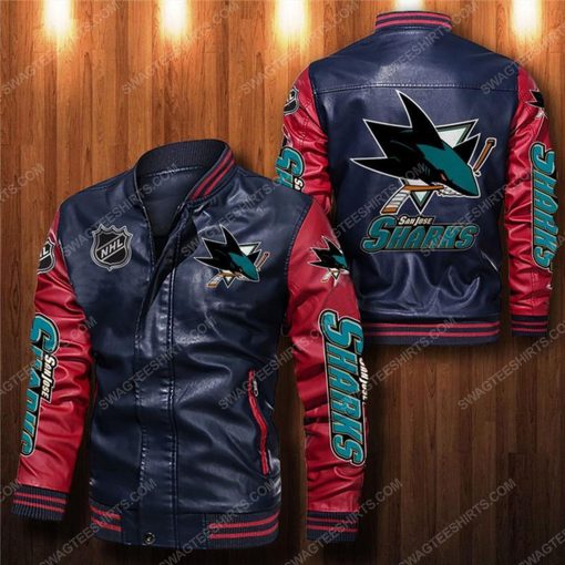 San jose sharks all over print leather bomber jacket - red