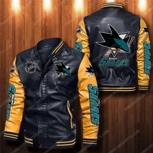 San jose sharks all over print leather bomber jacket - yellow