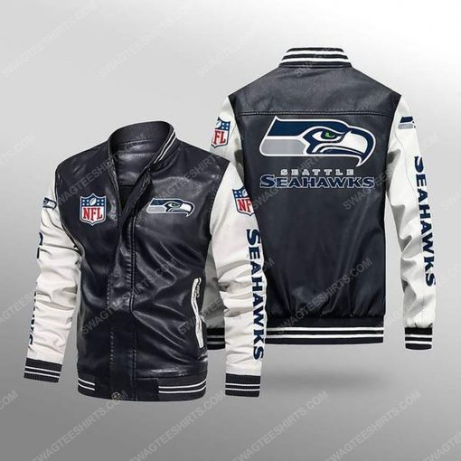 Seattle seahawks all over print leather bomber jacket - white