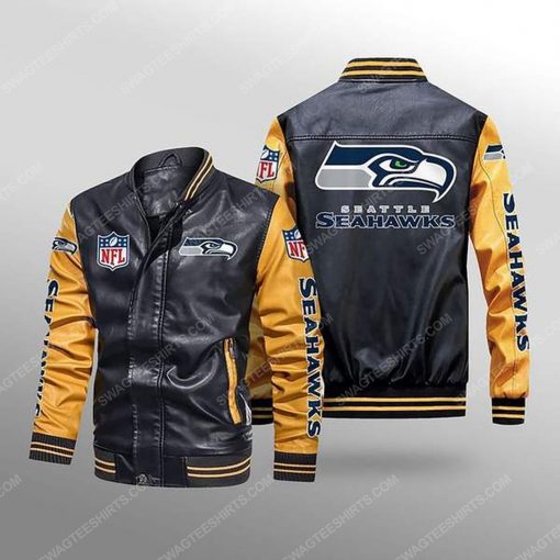 Seattle seahawks all over print leather bomber jacket - yellow