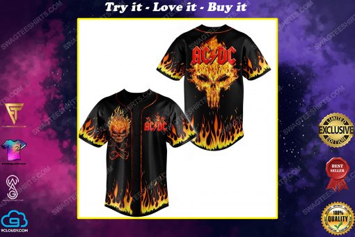 Skull with fire acdc rock band all over print baseball jersey