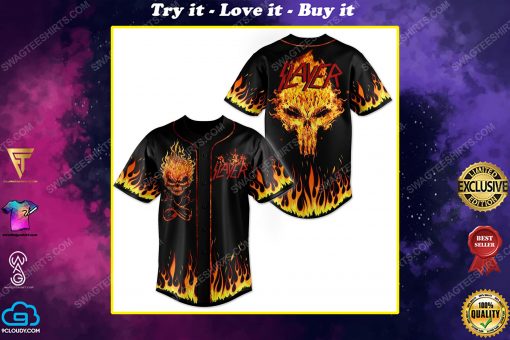 Skull with fire slayer rock band all over print baseball jersey