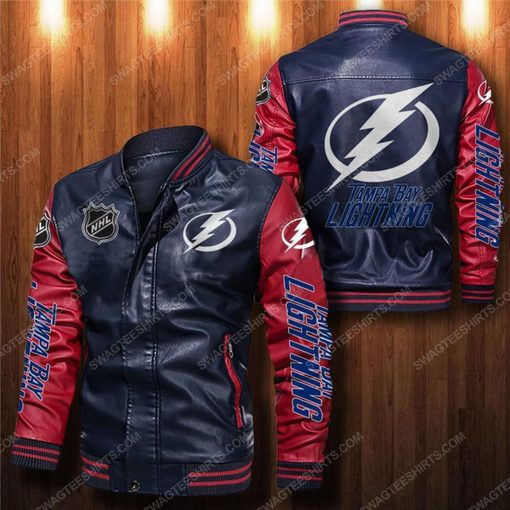Tampa bay lightning all over print leather bomber jacket - red