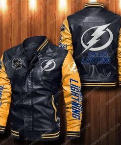 Tampa bay lightning all over print leather bomber jacket - yellow