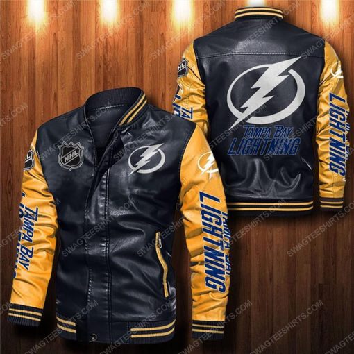 Tampa bay lightning all over print leather bomber jacket - yellow