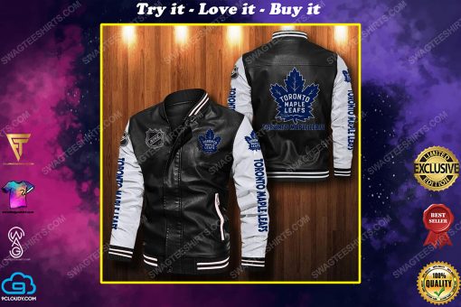 Toronto maple leafs all over print leather bomber jacket