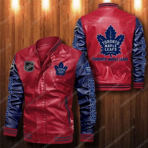 Toronto maple leafs all over print leather bomber jacket - black