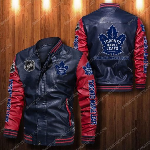 Toronto maple leafs all over print leather bomber jacket - red
